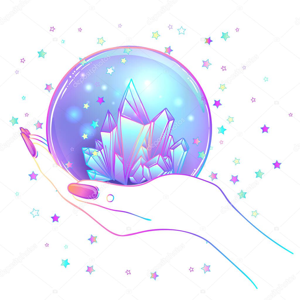 Female hand holding Magic Crystal Ball isolated on white. Creepy cute vector illustration. Gothic design, mystic magician symbol, pastel colors. Future telling