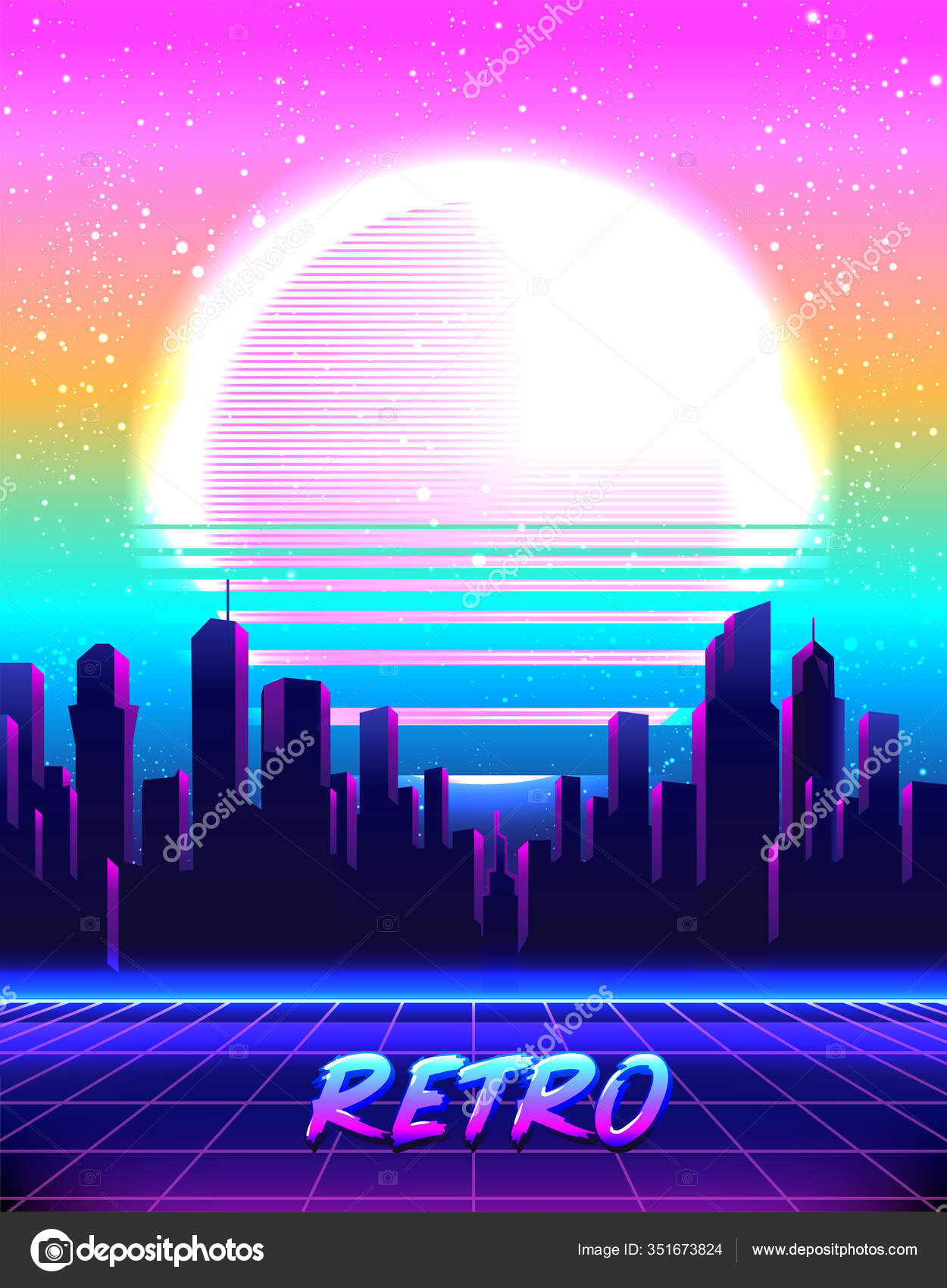 Retro Futurism. Vector futuristic synth wave illustration. 80s Retro poster  Background with Night City Skyline. Rave party Flyer design template Stock  Vector Image by ©vgorbash #351673824