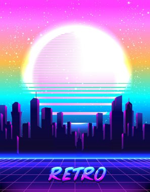 Retro Futurism. Vector futuristic synth wave illustration. 80s Retro poster Background with Night City Skyline. Rave party Flyer design template clipart