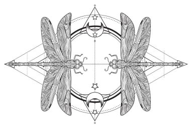 Kutsal geometri işareti üzerinde yusufçuk sineği, izole vektör çizimi. Dövme taslağı. Mistik semboller ve böcekler. Simya, okültizm, maneviyat, boyama kitabı.
