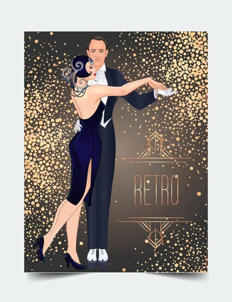 Art Deco Vintage Einladungsschablone Design mit Illustration von Flapper Girl. Muster und Rahmen. Retro-Party-Hintergrund eingestellt. Vektor für Glamour-Event — Stockvektor