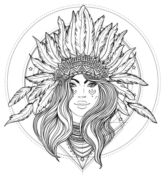 Tribal Fusion Boho Diva. Black and white illustration of Native American Indian girl in traditional feather headdress bonnet. — Stock Vector