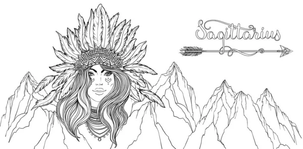 Tribal Fusion Boho Diva. Black and white illustration of Native American Indian girl in traditional feather headdress bonnet. — Stock vektor