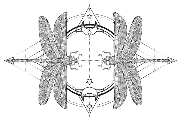 Драконяча муха над священним знаком геометрії, ізольований векторний малюнок. Ескіз татуювання. Містичні символи і комахи. Алхімія, окультизм, духовність, кольорова книга. — стоковий вектор