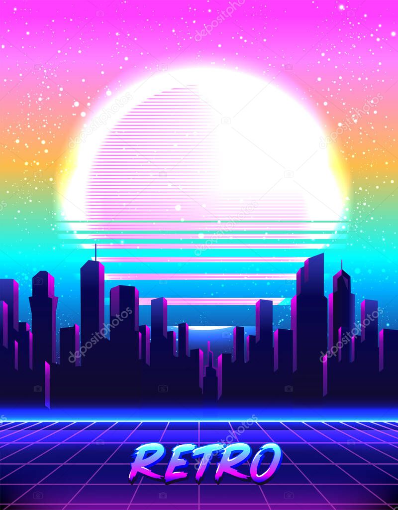 Retro Futurism. Vector futuristic synth wave illustration. 80s Retro poster Background with Night City Skyline. Rave party Flyer design template