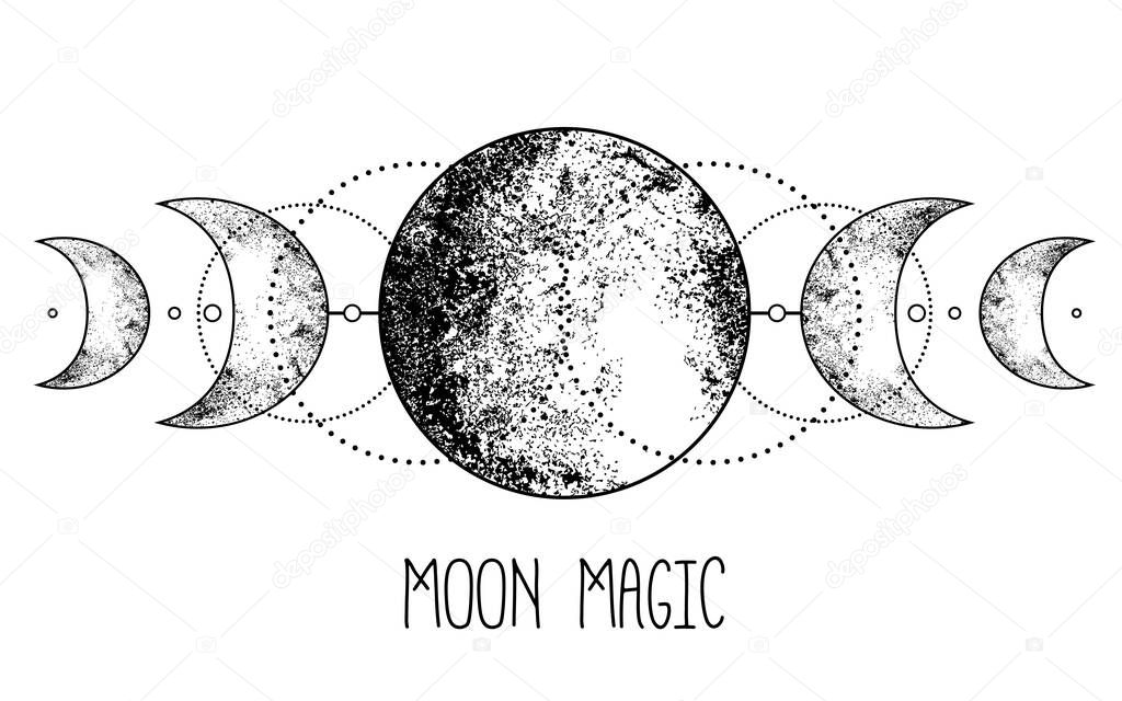 Triple moon pagan Wicca moon goddess symbol. Three-faced Goddess. Maiden, Mother, Crone vector illustration. Tattoo, astrology, alchemy, boho and magic symbol.