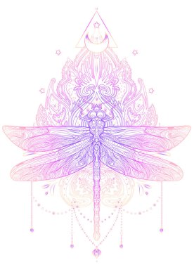 Kutsal geometri işareti üzerinde yusufçuk sineği, izole vektör çizimi. Dövme taslağı. Mistik semboller ve böcekler. Simya, okültizm, maneviyat, boyama kitabı.