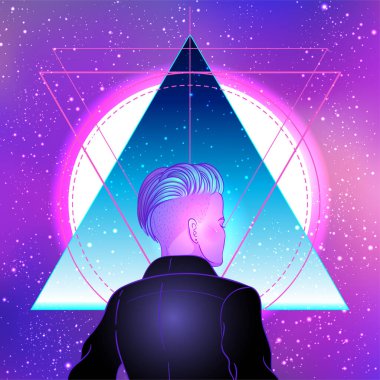 Geçmişe dönük kısa traşlı peri desenli, çift cinsiyetli genç bir kadının portresi. Neon renkli vektör illüstrasyonu. Mavi kısa saç. Gelecekçi sentetik dalga