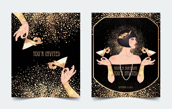 Vrouwelijke hand die cocktailglas vasthoudt met splash. Art deco 1920 stijl vintage uitnodiging template ontwerp voor drankenlijst, bar menu, glamour event, thematische bruiloft, jazz party flyer. — Stockvector