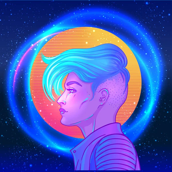 Porträt einer jungen hübschen androgynen Frau mit kurz rasiertem Pixie-Undercut im Retro-Futurismus-Stil. Vektor-Illustration in neonfarbenen Farben. Blaue kurze Haare. futuristische Synthesizer-Welle — Stockvektor