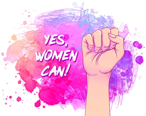 Ναι, οι γυναίκες μπορούν. Γυναικείο χέρι με τη γροθιά της σηκωμένη πάνω από ακουαρέλα. Γυναικεία δύναμη. Ρεαλιστική διανυσματική απεικόνιση στυλ — Διανυσματικό Αρχείο