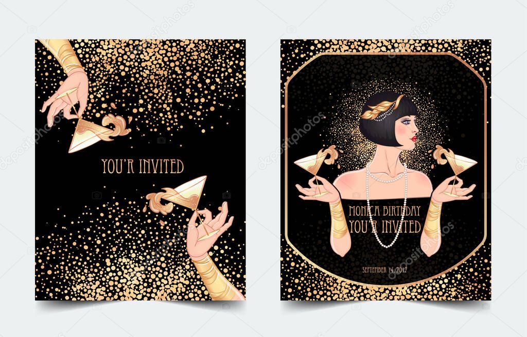 Female hand holding cocktail glass with splash. Art deco 1920s style vintage invitation template design for drink list, bar menu, glamour event, thematic wedding, jazz party flyer.