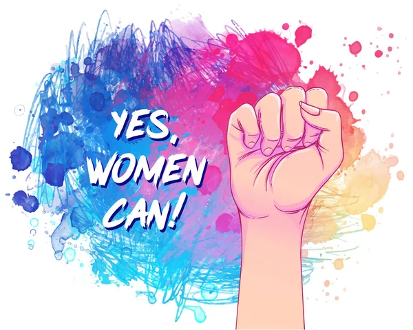 Да, женщины могут. Женская рука с поднятым над акварелью кулаком. Женская сила. Векторная иллюстрация реалистического стиля — стоковый вектор