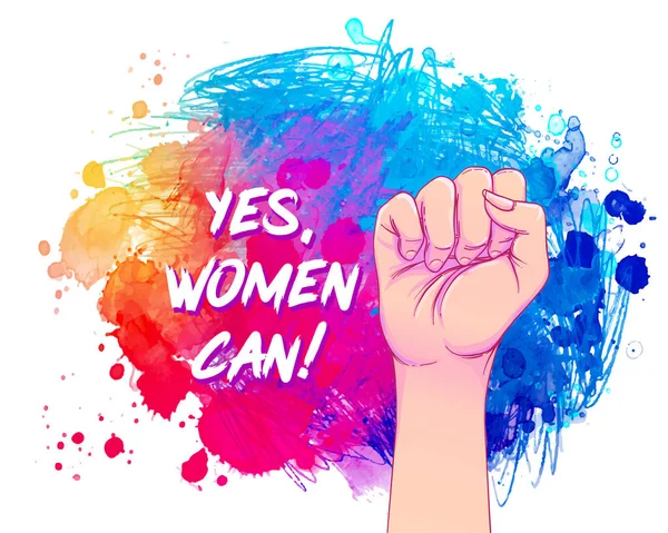 Ya, Wanita bisa. Wanita tangan dengan tinjunya mengangkat di atas cat air. Girl Power. Ilustrasi vektor gaya realistis - Stok Vektor