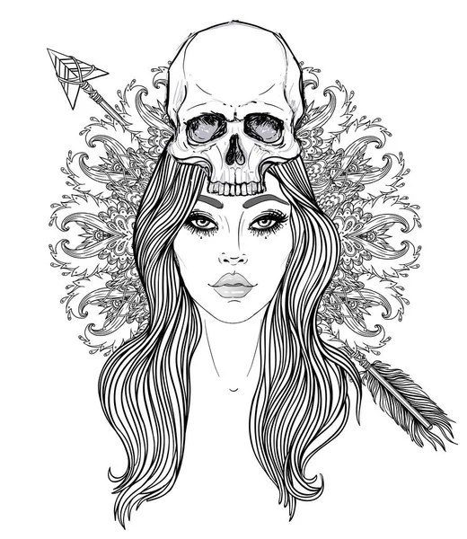 Mulher xamã com cabelo comprido e crânio humano na cabeça. Ilustração vetorial com fundo mandala. Design assustador para tatuagem, design de camiseta hipster , — Vetor de Stock