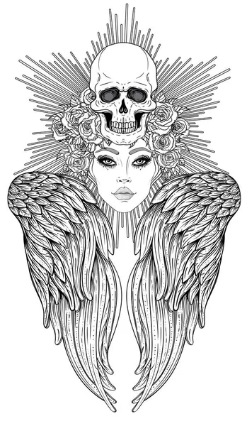 Angel girl with wings and halo. Isolated hand drawn vector illustration. Trendy Vintage style element. Spirituality, occultism, alchemy, magic. — Stock Vector