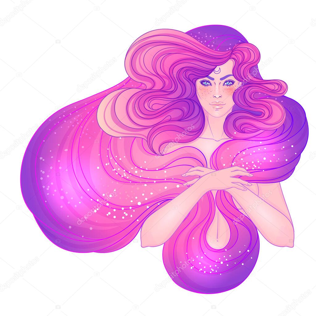 Pretty fairy elf. Portrait of young woman view with long hair. Pixie pagan princess. Vector isolated illustration. Fantasy, spirituality, occultism, tattoo. Sticker design.