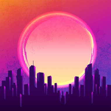 Vektör fütüristik sentetik dalga çizimi. Night City Skyline 'lı 80' lerin Retro posterleri. Çılgın parti Flyer tasarım şablonu