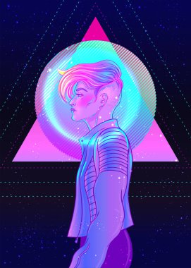 Portrait of a young pretty androgynous woman with short shaved pixie undercut in retro futurism style. Vector illustration in neon bright colors. Blue short hair. futuristic synth wave clipart