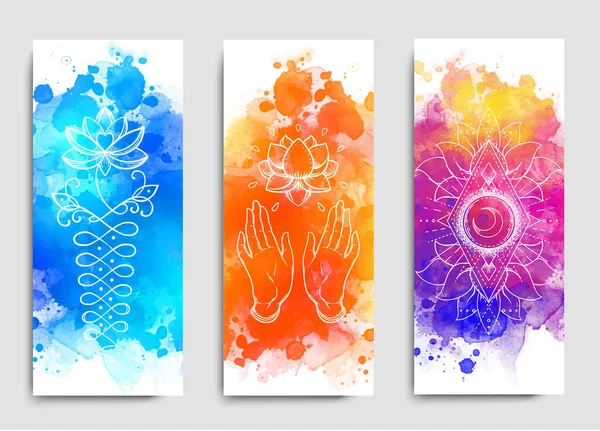 Conception de carte de yoga. Modèle coloré pour retraite spirituelle ou studio de yoga. Cartes de visite ornementales, motif oriental sur fond peint aquarelle. — Image vectorielle