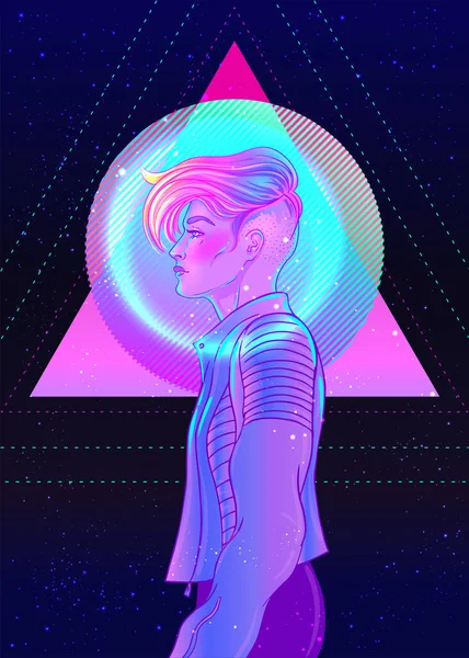 Ritratto di una giovane bella donna androgina con pixie rasato corto undercut in stile futurismo retrò. Illustrazione vettoriale in colori vivaci al neon. Capelli corti blu. onda futuristica di synth — Vettoriale Stock