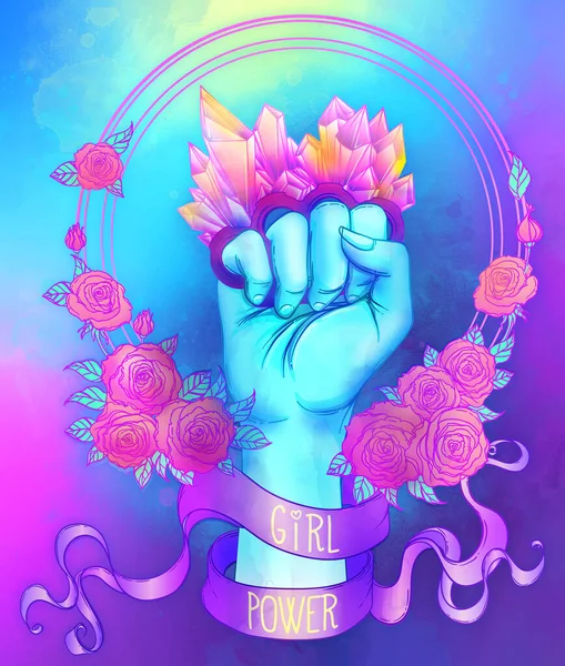 Girl Power Woman hand with crystal quartz brass knuckles. Fist raised up. Girl Power. Feminism concept. Realistic illustration in blue.