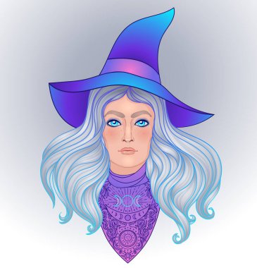 Cadı cadı. Uzun saçlı ve sihirli şapkalı genç bir kadın. Simya, dövme sanatı, tişört tasarımı, yetişkin sihir kitabı. Vektör. Görüntü.