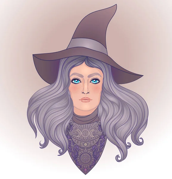 Wiccan witch. Young woman with long hair and magic hat. Alchemy, tattoo art, t-shirt design, adult magic book. Vector. Illustration. — Stock Vector