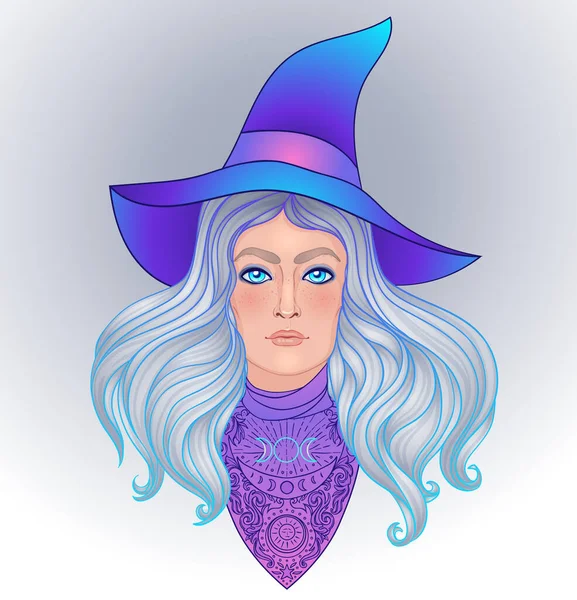 Wiccan witch. Young woman with long hair and magic hat. Alchemy, tattoo art, t-shirt design, adult magic book. Vector. Illustration. — Stock Vector