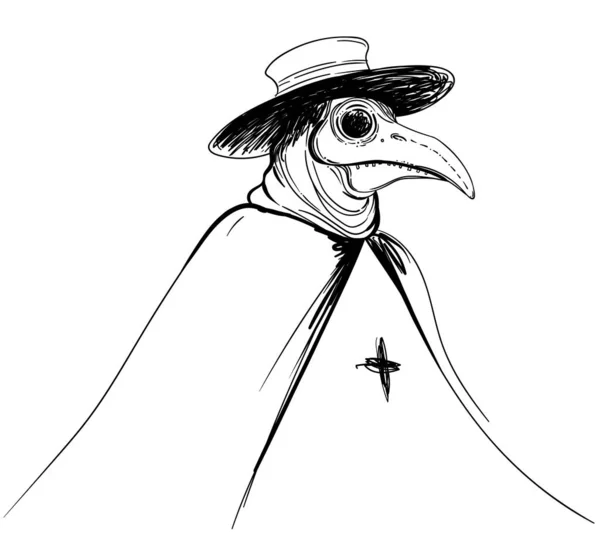 Vector gotische illustratie van pest arts. Tattoo kunst. Sketchy stijl. Middeleeuwse Venetiaanse enge vogel masker. Alchemie, tattoo kunst, t-shirt design. — Stockvector