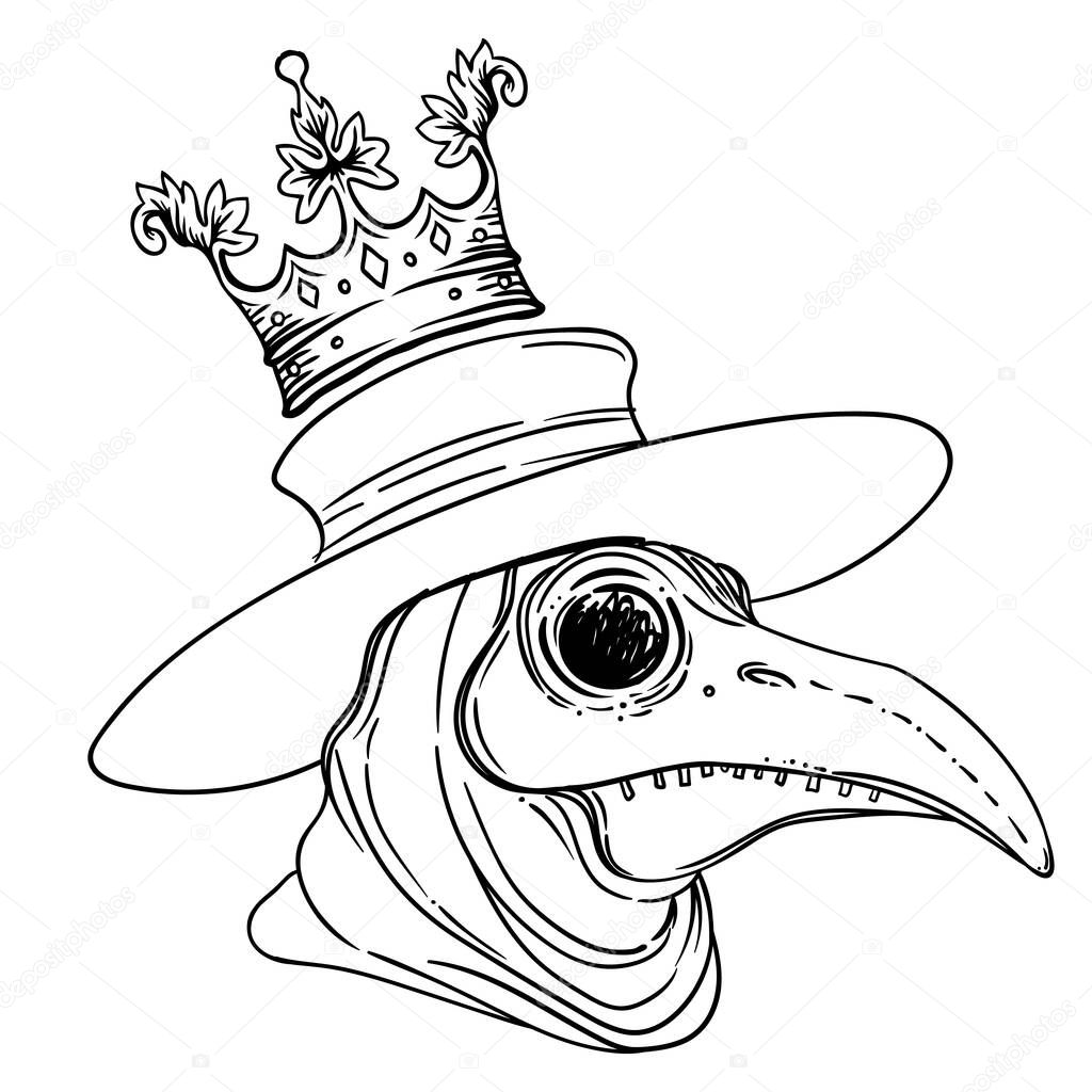 Vector gothic illustration of plague doctor. Tattoo art. Sketchy style. Medieval venetian scary bird mask. Alchemy, tattoo art, t-shirt design.