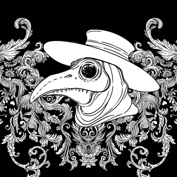 Vector gothic illustration of plague doctor. Tattoo art. Sketchy style. Medieval venetian scary bird mask. Alchemy, tattoo art, t-shirt design.