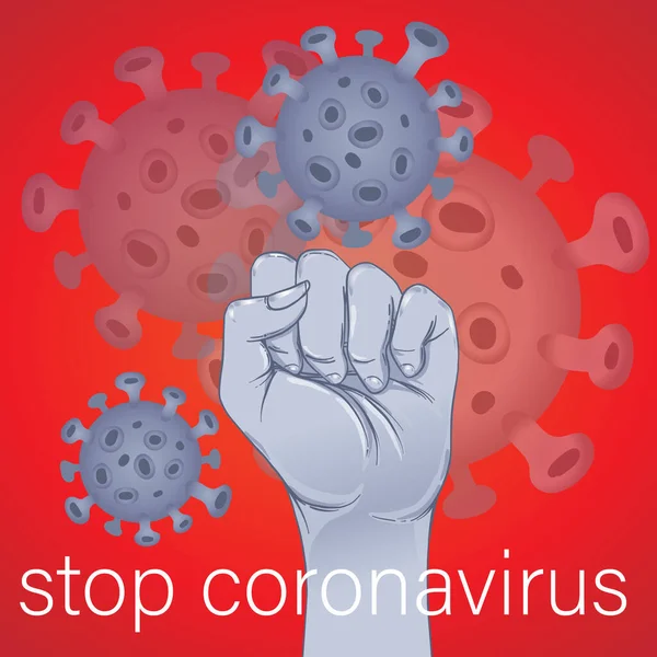 Fermare coronavirus, pugno umano sollevato focolaio simbolo e coronavirus illustrazione vettore influenzale. Coronavirus 2019-nCoV. Rischio per la salute medica pandemica . — Vettoriale Stock