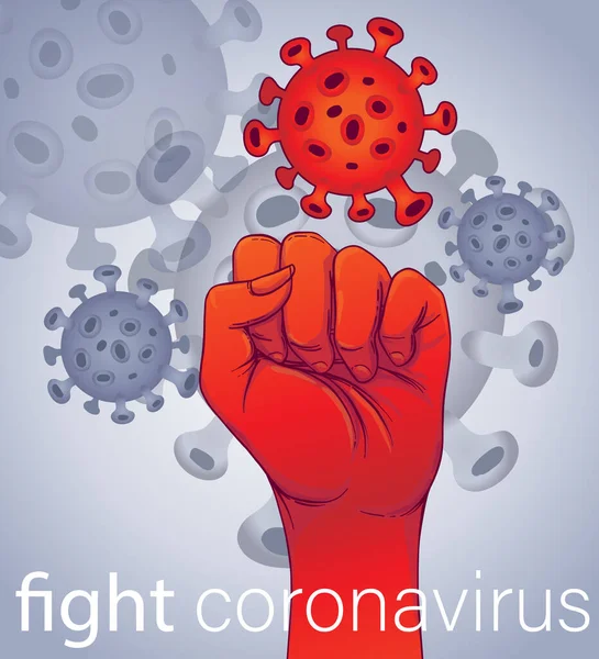 Detener coronavirus, puño humano levantó el brote de símbolo y coronavirus influenza vector ilustración. Coronavirus 2019-nCoV. Riesgo de salud médica pandémica . — Vector de stock