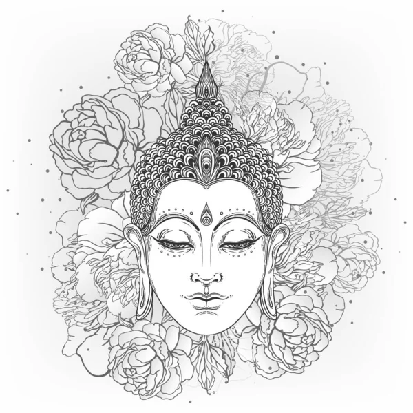 Cara de buda con peonías de fondo. Ilustración vectorial. Composición psicodélica de neón. India, Budismo, Tatuaje Espiritual, yoga, espiritualidad . — Archivo Imágenes Vectoriales