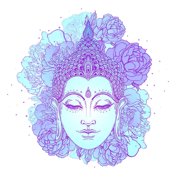 Buddha face with peonies on background. Vector illustration. Psychedelic neon composition. Indian, Buddhism, Spiritual Tattoo, yoga, spirituality. — Stock Vector