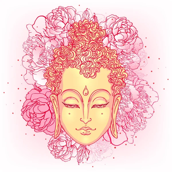Boeddha gezicht met pioenrozen op de achtergrond. Vector illustratie. Psychedelische neon compositie. Indiaas, Boeddhisme, Spirituele Tattoo, yoga, spiritualiteit. — Stockvector