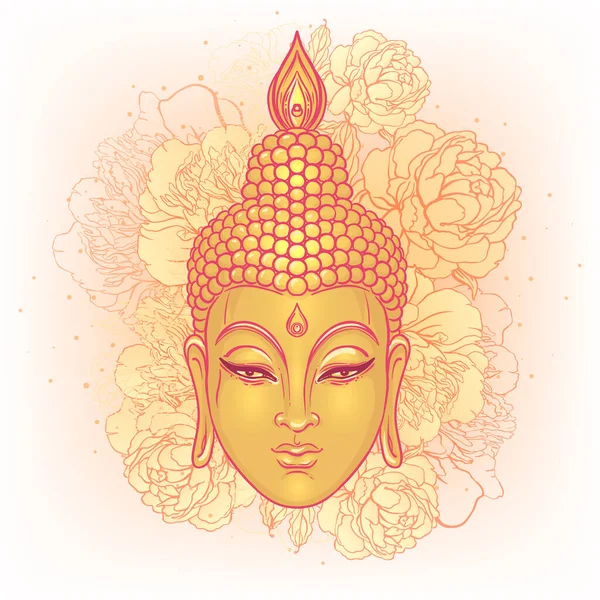 Cara de buda con peonías de fondo. Ilustración vectorial. Composición psicodélica de neón. India, Budismo, Tatuaje Espiritual, yoga, espiritualidad . — Vector de stock