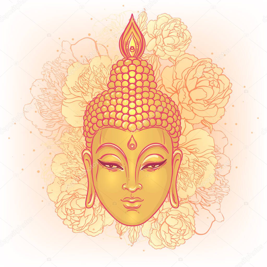 Buddha face with peonies on background. Vector illustration. Psychedelic neon composition. Indian, Buddhism, Spiritual Tattoo, yoga, spirituality.