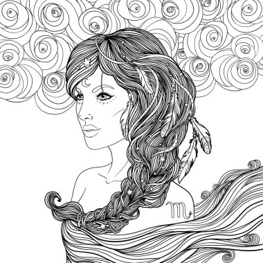 Güzel bir kız olarak Akrep burcunun portresi. Zodiac vektör çizimi beyaza izole edildi. Gelecek anlatımı, yıldız falı, simya, maneviyat, okültizm.