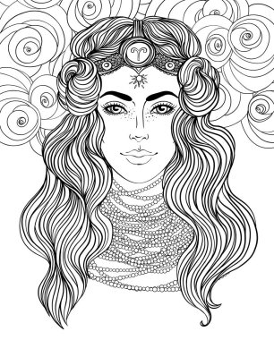 Güzel bir kız olarak Koç burcunun çizimi. Zodiac vektörü siyah beyaz çiziyor. Gelecek anlatımı, yıldız falı, simya, maneviyat. Yetişkinler için boyama kitabı.