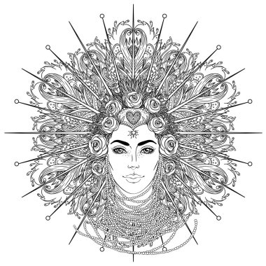 Tribal Fusion Boho Goddess. Beautiful divine diva girl with ornate crown, kokoshnik inspired. Bohemian goddess. Hand drawn elegant illustration. Lotus flower, patterned Indian paisley.