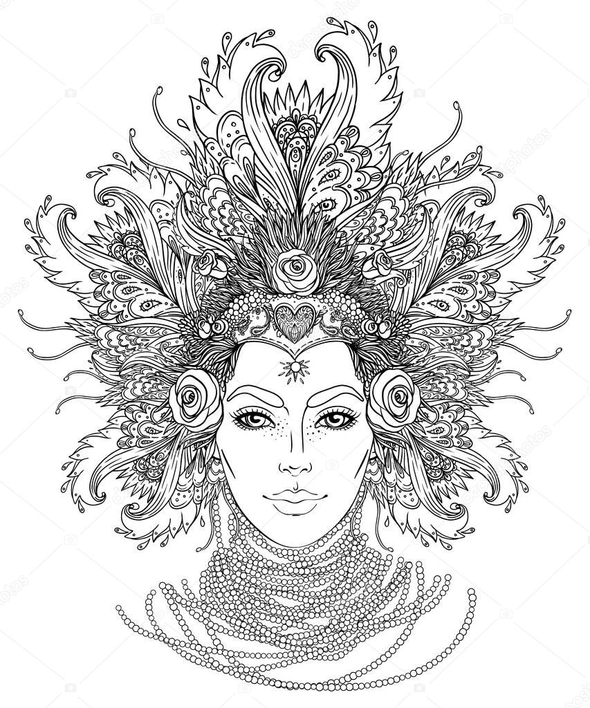 Tribal Fusion Boho Goddess. Beautiful divine diva girl with ornate crown, kokoshnik inspired. Bohemian goddess. Hand drawn elegant illustration. Lotus flower, patterned Indian paisley.
