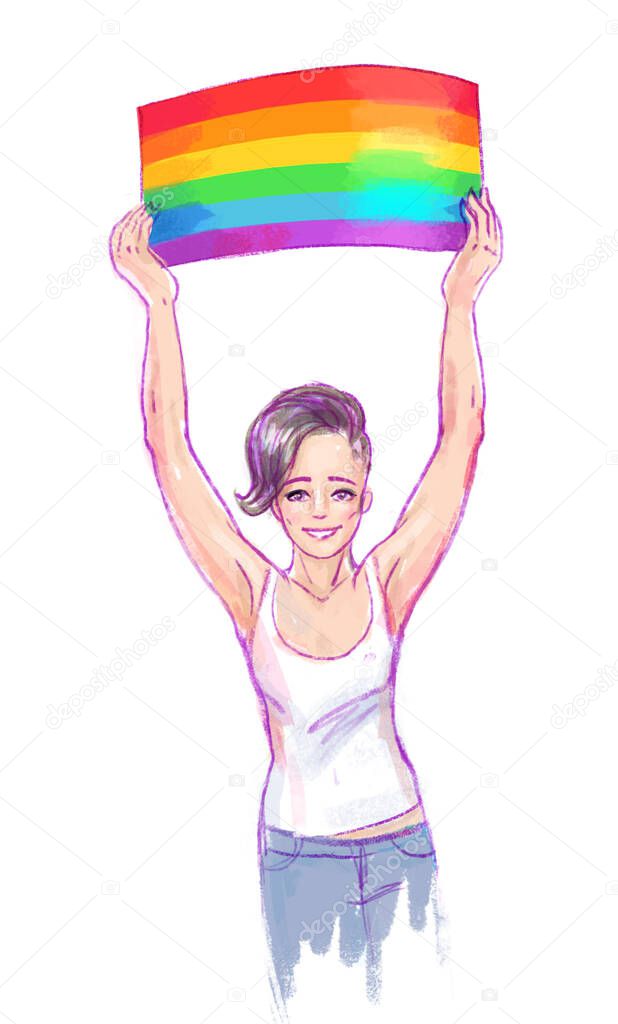 Love parade. Young female character holding rainbow colored flag. Lesbian girl. LGBT community concept. Gay woman. Raster sketchy illustration isolated.