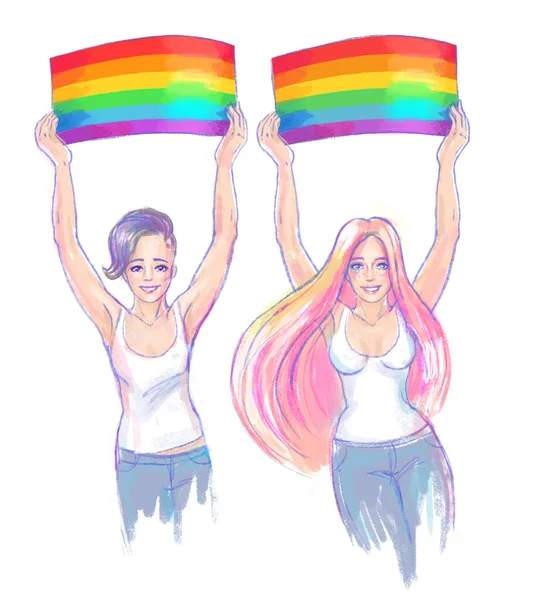 Défilé d'amour. Jeune personnage féminin tenant drapeau de couleur arc-en-ciel. Lesbienne. Concept de communauté LGBT. Une femme gay. Illustration sommaire isolée . — Photo