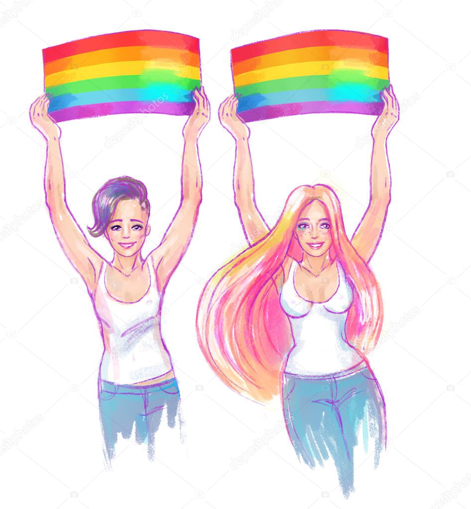 Love parade. Young female character holding rainbow colored flag. Lesbian girl. LGBT community concept. Gay woman. Raster sketchy illustration isolated.