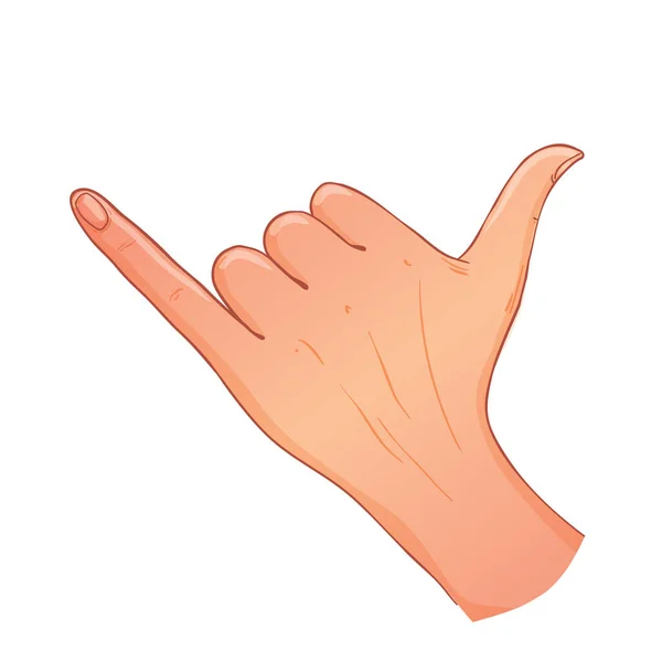 Shaka gebaar of noem me zingen. Schets realistische vector illustratie geïsoleerd op witte achtergrond. Menselijke hand met surf symbool. — Stockvector