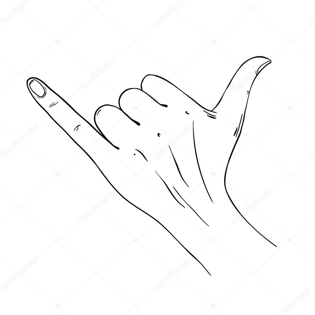 Shaka gesture or call me sing. Outline realistic vector illustration isolated on white background. Human hand showing surfing symbol.