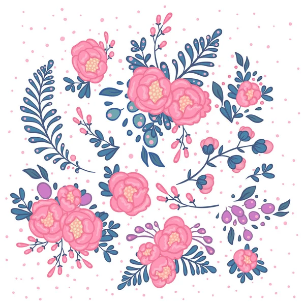 Vintage mão floral desenhada rosa com folhas. Elemento de design de flor tatuagem. Ilustração vetorial isolada em estilo free hand. — Vetor de Stock
