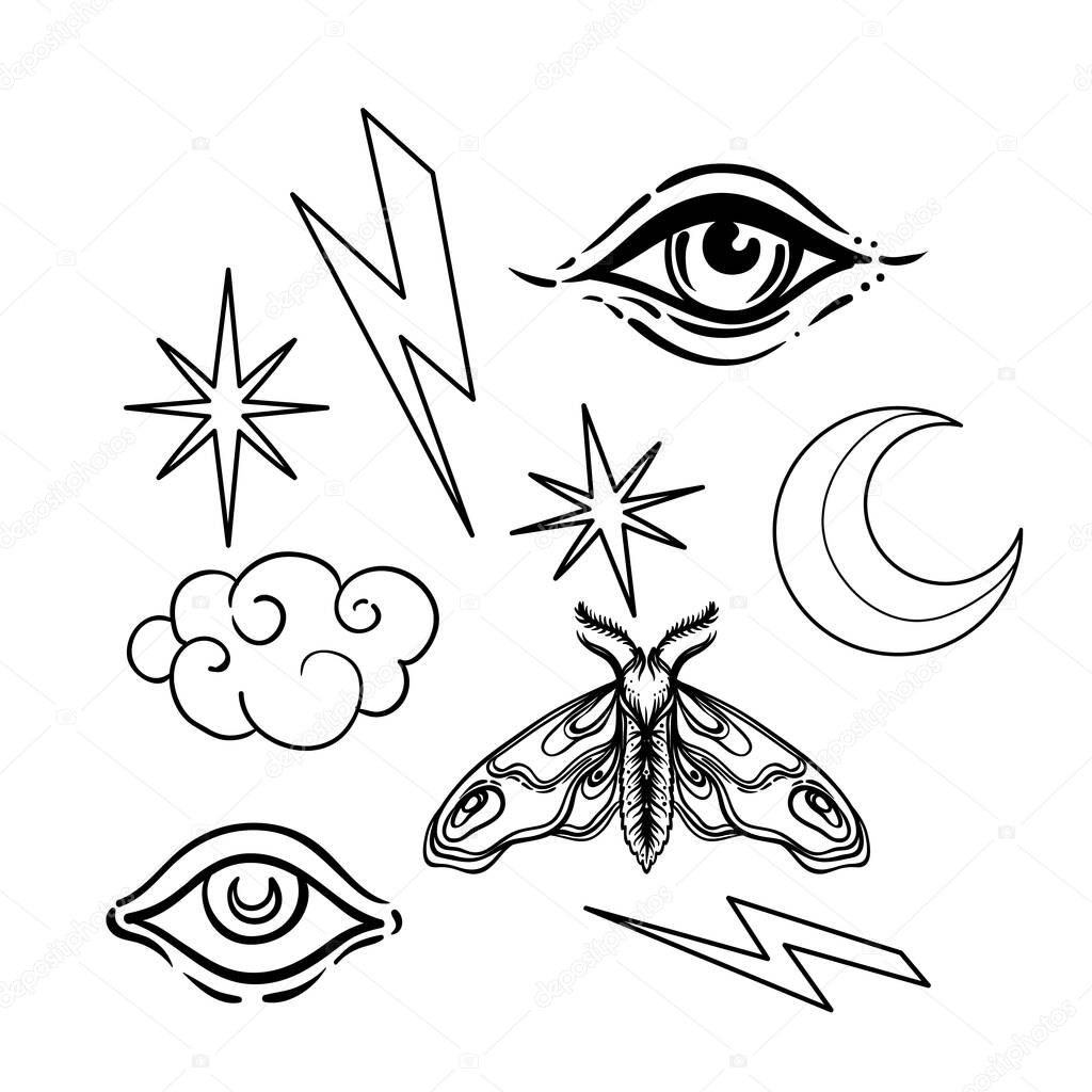 Witchcraft symbol set. Crescent moon, moth, cloud, all seeing eye star, lightning bolt. Tattoo style. Vector illustration in black isolated on white.